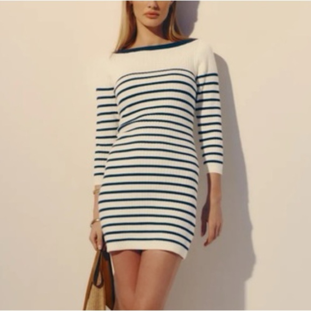 Reformation Ines Ribbed Sweater Dress Gossamer With Navy Stripe